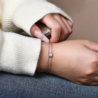S925 Silver Double Chain Solitaire Moissanite Women Bracelet Adjustable 16+3cm Elegant Everyday Jewelry Gifts Wholesale