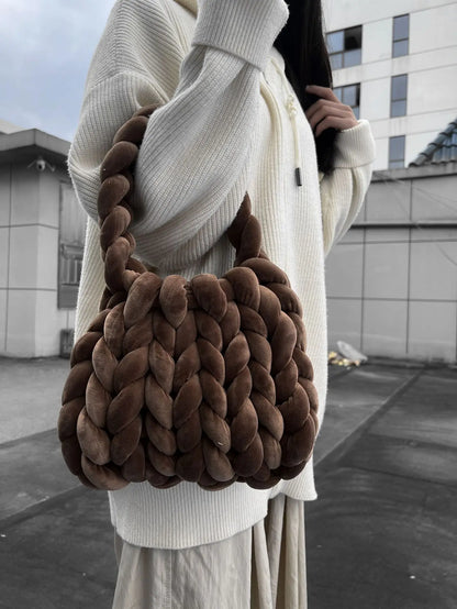 Velvet Bag DIY Hand Woven Bag Crystal Velvet Core Spun Yarn Woven Bag Hand-held Mailman Bag Velvet Handbag New