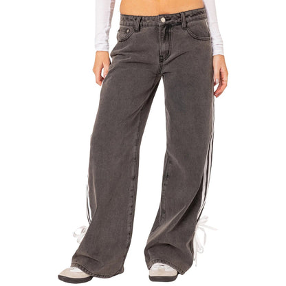 Calça Jeans Y2k com Faixa Lateral, Laço, Cintura Baixa, Perna Reta Larga e Folgada