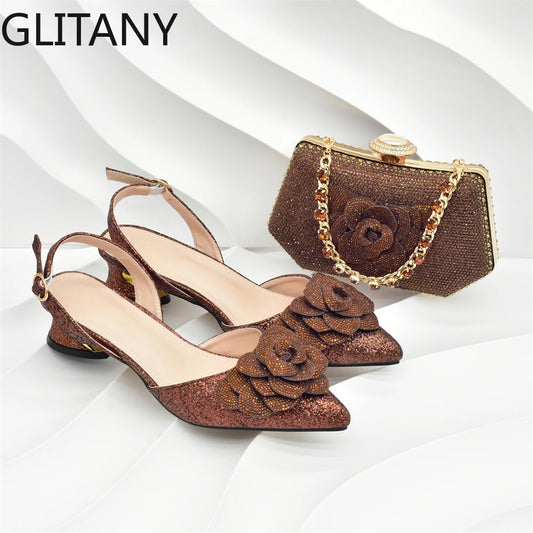 Nigerian Women Shoes and Bag Set Decorated with Rhinestone in Italy African Party Italian Shoe and Bag Luxury Pumps for Wedding