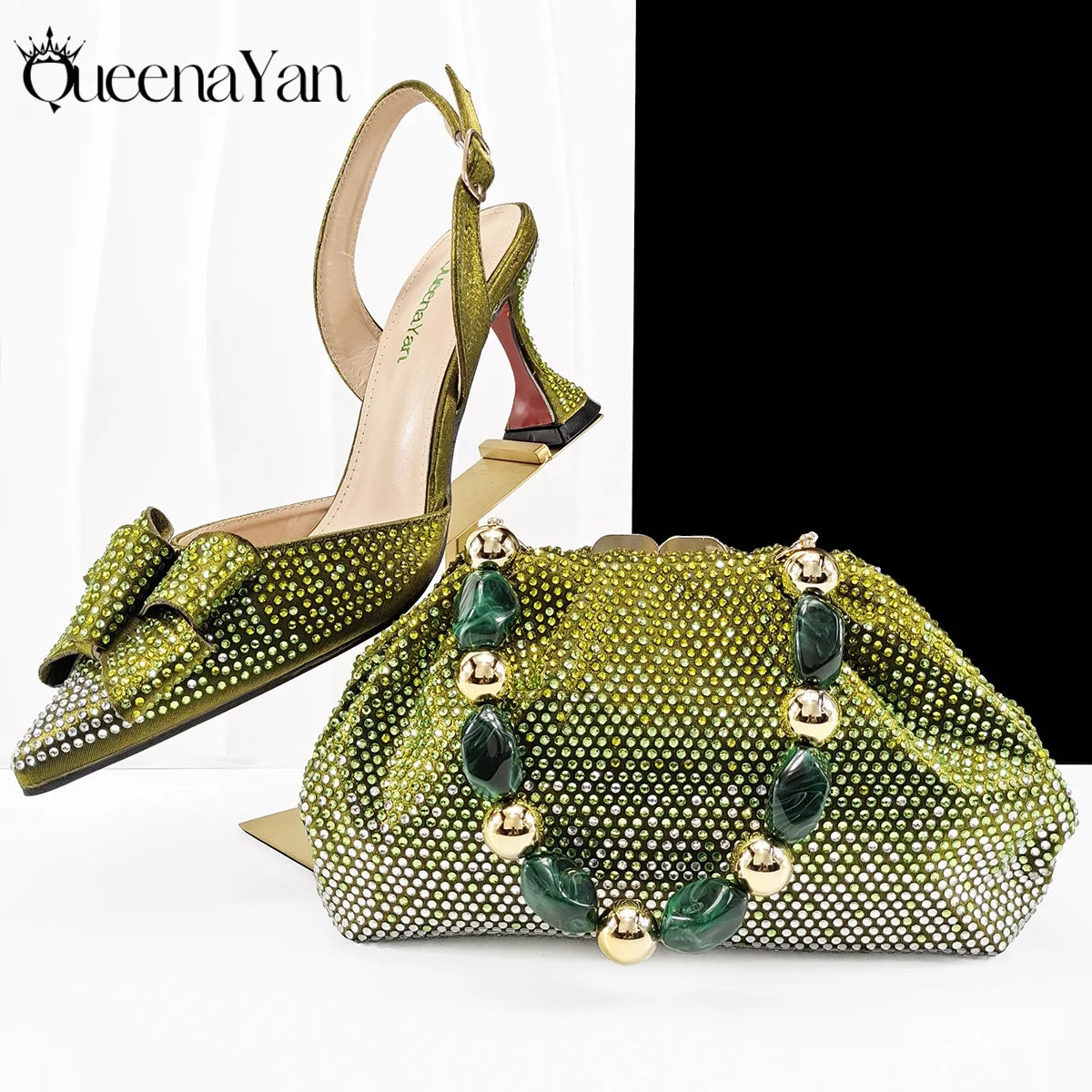 Newest Full of Rhinestone Design Olive Color Lady Sheos and Metal Bead-Embellished Handbag Set for Parrt Wedding