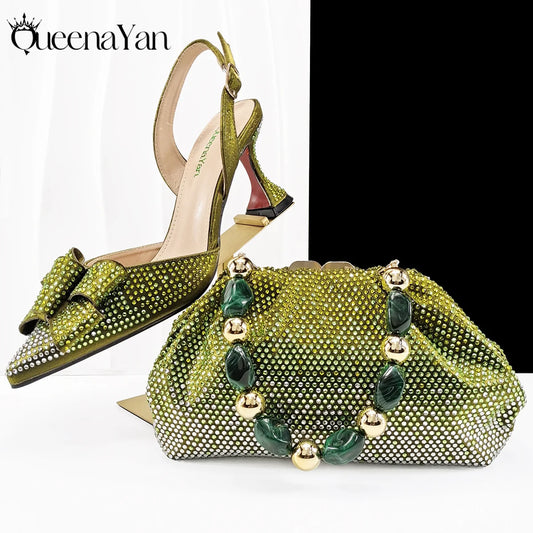 Newest Full of Rhinestone Design Olive Color Lady Sheos and Metal Bead-Embellished Handbag Set for Parrt Wedding