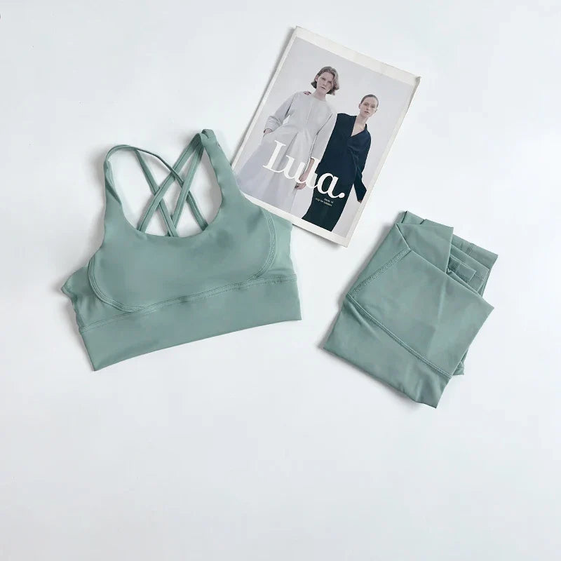 2 Pieces Yoga Set Women Gym Set Workout Clothes Sports Suits High Waist Leggings Cross Straps Fitness Bra Top Running Tracksuit