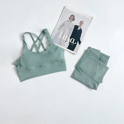 2 Pieces Yoga Set Women Gym Set Workout Clothes Sports Suits High Waist Leggings Cross Straps Fitness Bra Top Running Tracksuit
