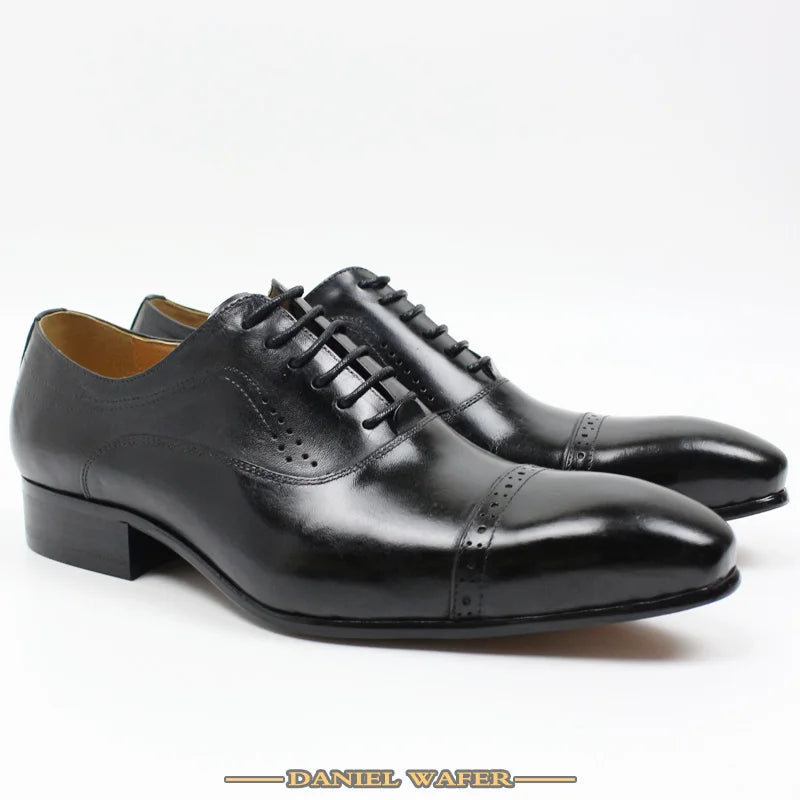 Genuine Leather Oxford Dress Shoes Men Lace Up Cap Toe Office Wedding Shoes Black Brown Brogue Pointed Oxfords Formal Shoes Men