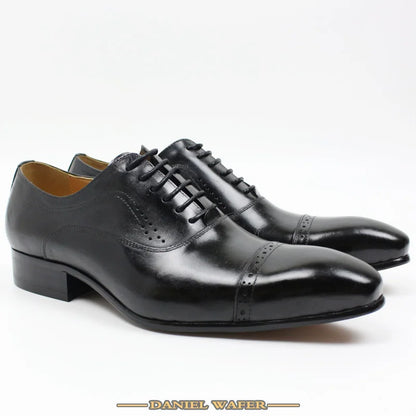 Genuine Leather Oxford Dress Shoes Men Lace Up Cap Toe Office Wedding Shoes Black Brown Brogue Pointed Oxfords Formal Shoes Men