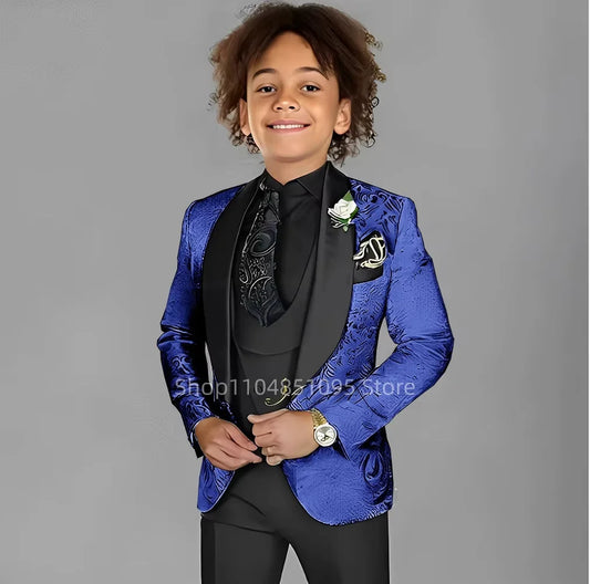 Blue Jacquard Suit For Boy Kid Wedding Tuxedos Formal Wear Birthday Stage Performance Costumes 3PCS Set Blazer Vest Pants Set