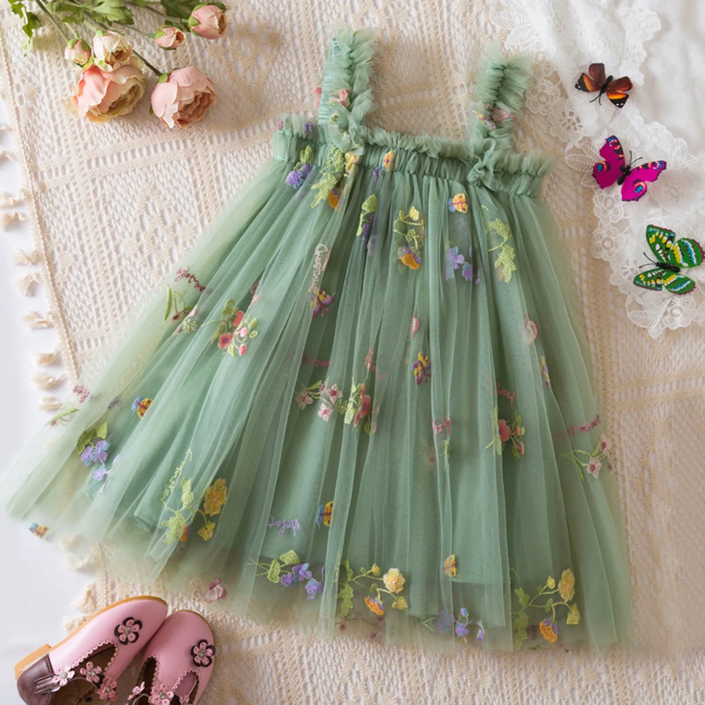 Outdoor Summer Cute Princess Dress Toddler Baby Girls Embroidery Flower Suspender Mesh Dresses Birthday Party Princess Dresses