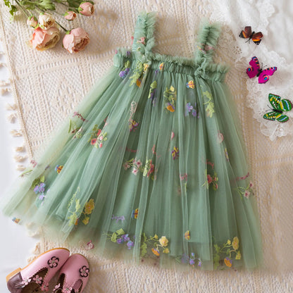 Outdoor Summer Cute Princess Dress Toddler Baby Girls Embroidery Flower Suspender Mesh Dresses Birthday Party Princess Dresses
