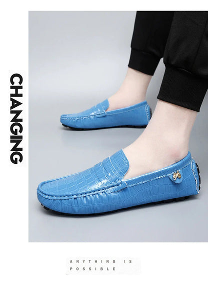 Patent Leather Loafers for Men, Crocodile Pattern, Korean Style, Trendy, Popular Casual Leather Shoes, Slip-On Loafers, Lazy Shoes