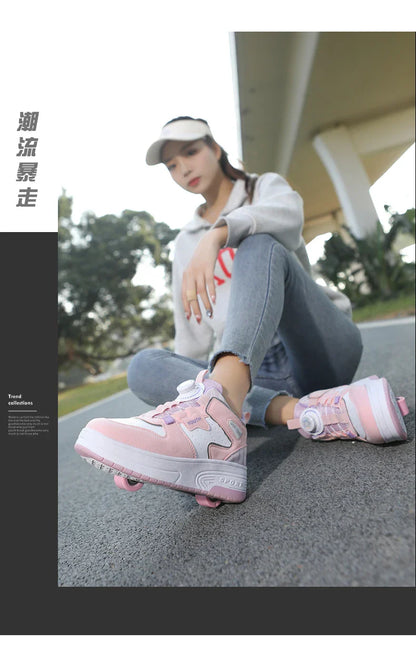 Children's walking shoes 2024 new double wheel invisible roller skates young primary school children big child swivel buckle