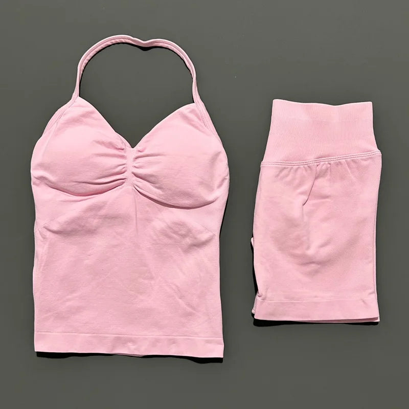 No Logo 2 Pies Sports Set Women Backless Tank Yoga Tops High Waist Scrunch Seamless Shorts Sport Gym Set Sportswear Workout Set