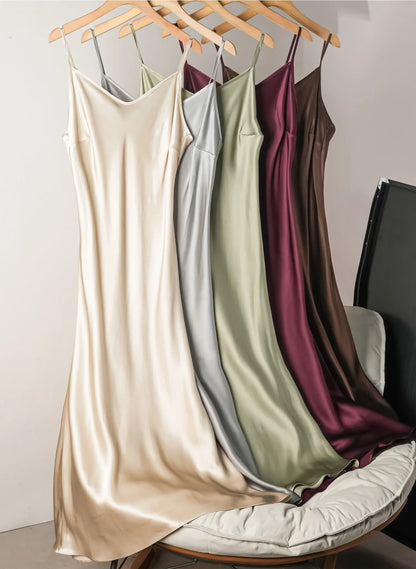 100% Natural Mulberry Silk Plain Satin French V-neck Diagonal Cut Women's Sexy Solid Suspender Dress
