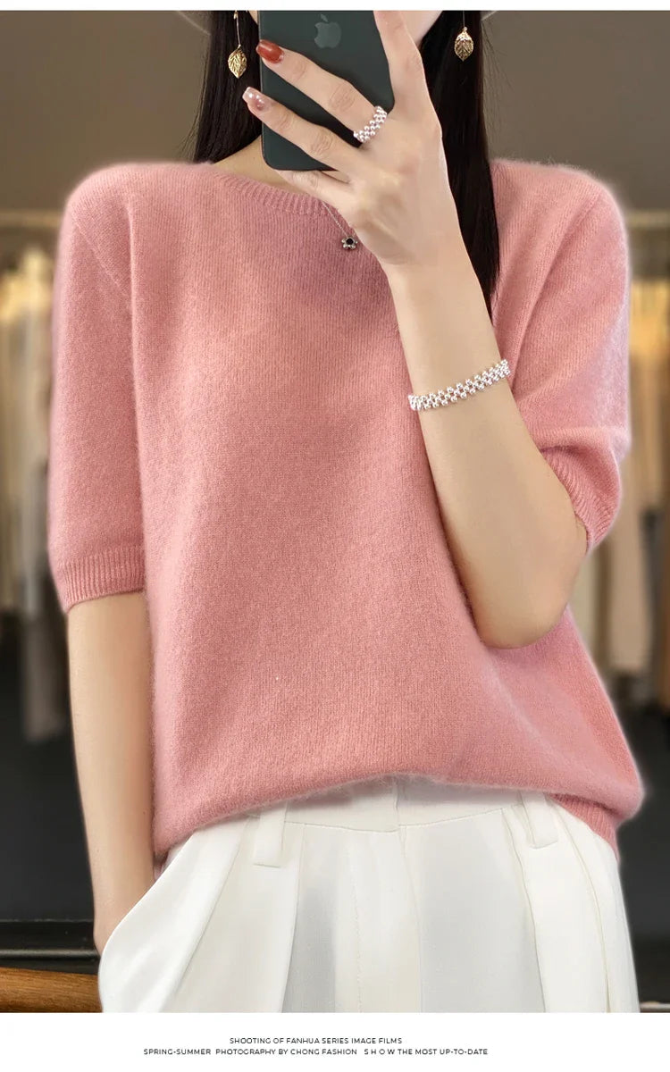 100% pure wool T-shirt spring and summer new women's O-neck pullover short sleeve loose five-sleeve sweater high-end top