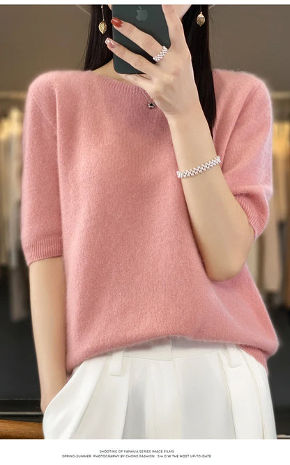 100% pure wool T-shirt spring and summer new women's O-neck pullover short sleeve loose five-sleeve sweater high-end top