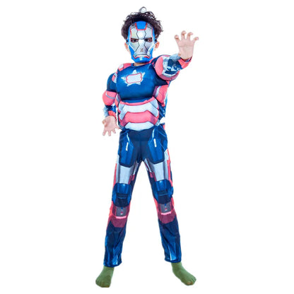 Kids Superhero Muscle Costume Blue Iron Man Jumpsuit with Mask Halloween Party Cosplay Performance Outfit Comfortable Breathable