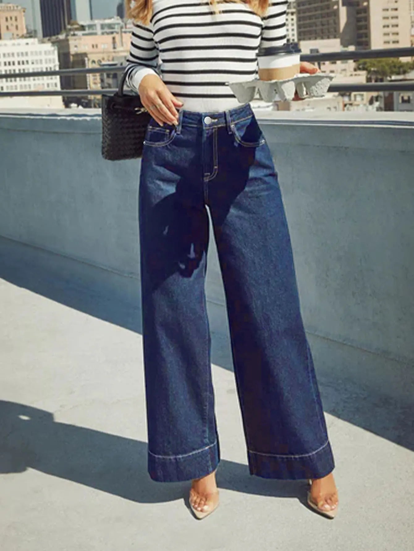 Women's High Waist Wide Leg Jeans - Classic dark blue washed stretch jeans