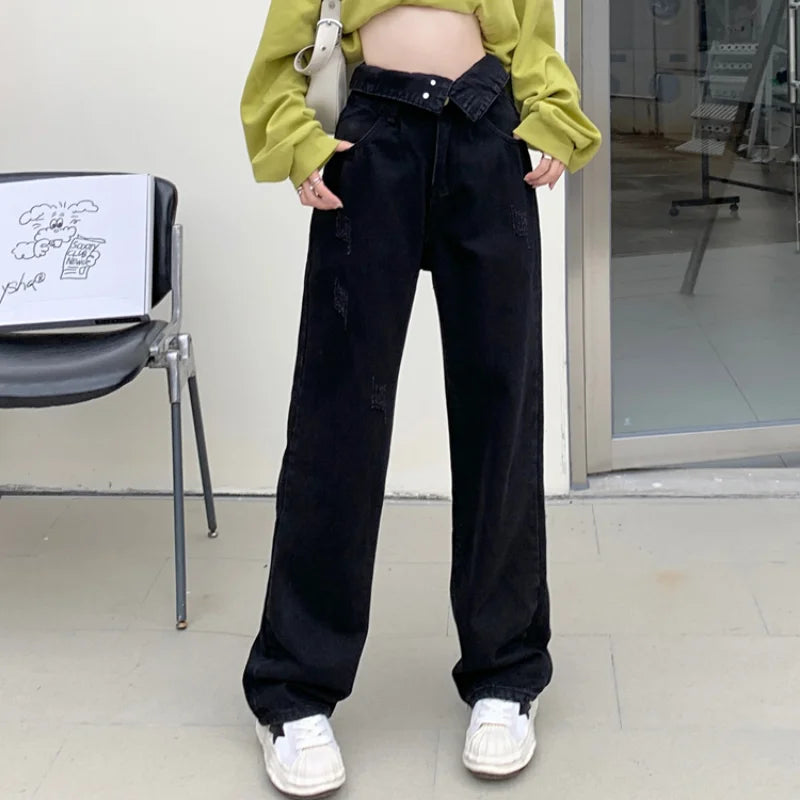 Hight Waist Denim Pant Women Jeans Vintage Straight Trousers Jeans Autumn Spring Fashion Female Black Casual Wide Leg Pants