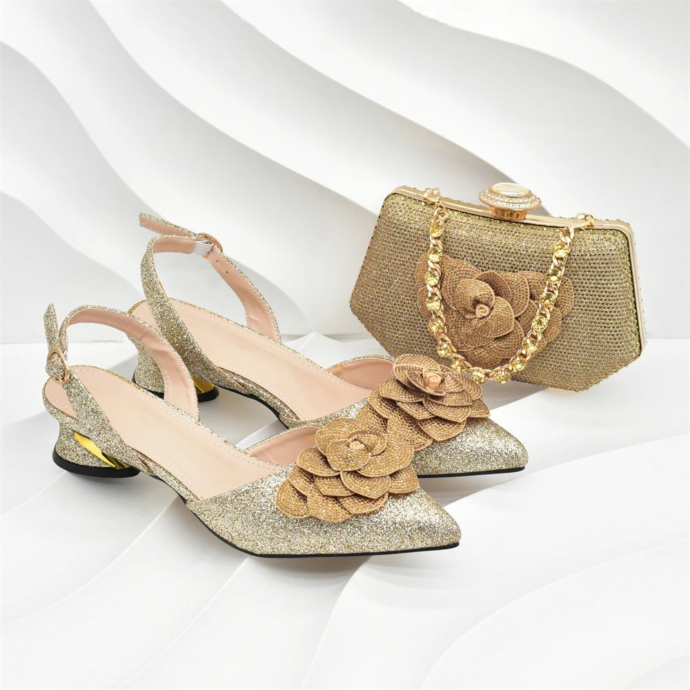 Nigerian Women Shoes and Bag Set Decorated with Rhinestone in Italy African Party Italian Shoe and Bag Luxury Pumps for Wedding