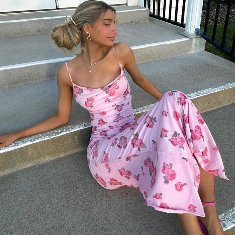 Printed Floral Spaghetti Dresses For Women Fashion Sexy Club Y2K Sleeveless Slash Neck Skinny Long Vestidos Robes Female Bodycon