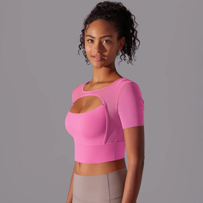 Women's Mesh Yoga Shirt Sexy Short Sleeve T-Shirt Sport Top Blouse Cover Up Quick Dry Gym Clothes Running Fitness Tank Sportwear