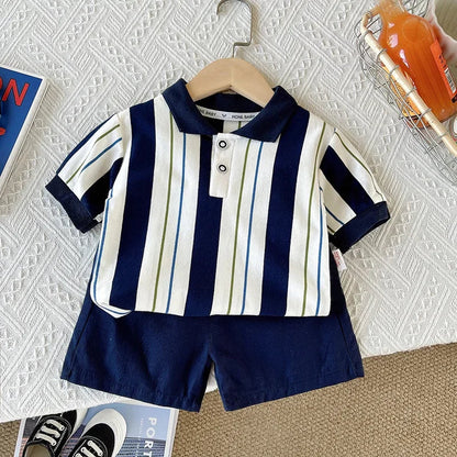 ‌New 2025 Boys Cotton Striped Shorts Set 2-Piece Summer Outfit Fashion Short Sleeve Casual Playwear Stylish Kids Clothing‌