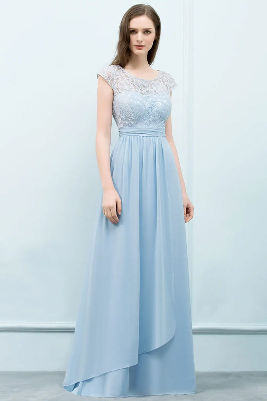 Light Blue Chiffon Long Bridesmaid Dresses Women 2024 Elegant Cap Sleeve Lace Formal Party Gowns Evening Prom