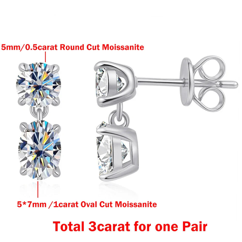 3cttw  Certified Oval/Round Cut Moissanite Diamond Drop Earrings for Women 100% 925 Sterling Silver Stud Earring Fine Jewelry