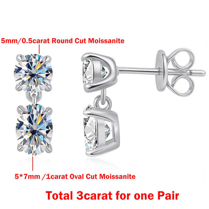 3cttw  Certified Oval/Round Cut Moissanite Diamond Drop Earrings for Women 100% 925 Sterling Silver Stud Earring Fine Jewelry