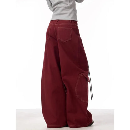 Calça Cargo Jeans Casual Vermelha Feminina Calça de Trabalho Folgada Reta Perna Larga Calça Coreana Primavera Estilo Preguiçoso Confortável Chique