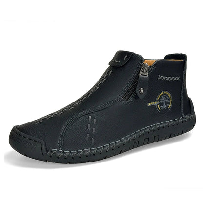 Sapatos Masculinos Clássicos de Couro Feitos à Mão, Design com Zíper, Tênis Esportivos para o Ar Livre, Sapatos Casuais Respiráveis com Elástico, Botas Masculinas de Couro no Tornozelo