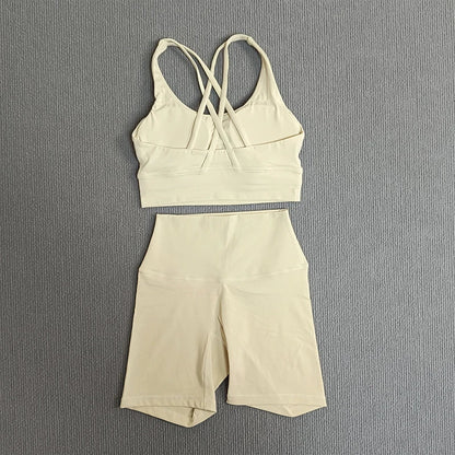 Women's 2-Piece Yoga Set Tights Shorts For Woman Cross Back Bra Top + High Waist Shorts Fitness Running Workout Tracksuit