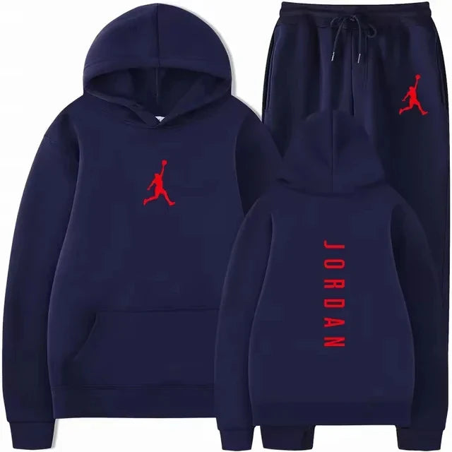 Men's pullovers for autumn and winter, solid-color hoodie + stretch waist jogging pants two-piece set, fashionable outdoor casua