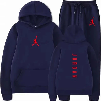 Men's pullovers for autumn and winter, solid-color hoodie + stretch waist jogging pants two-piece set, fashionable outdoor casua