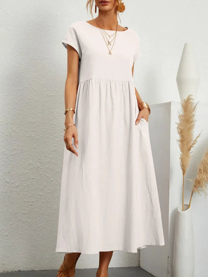 Women Vintage Solid Dress 2023 Summer Elegant O Neck Short Sleeve Cotton Linen Dresses Female Casual Loose Sundress Long Dress