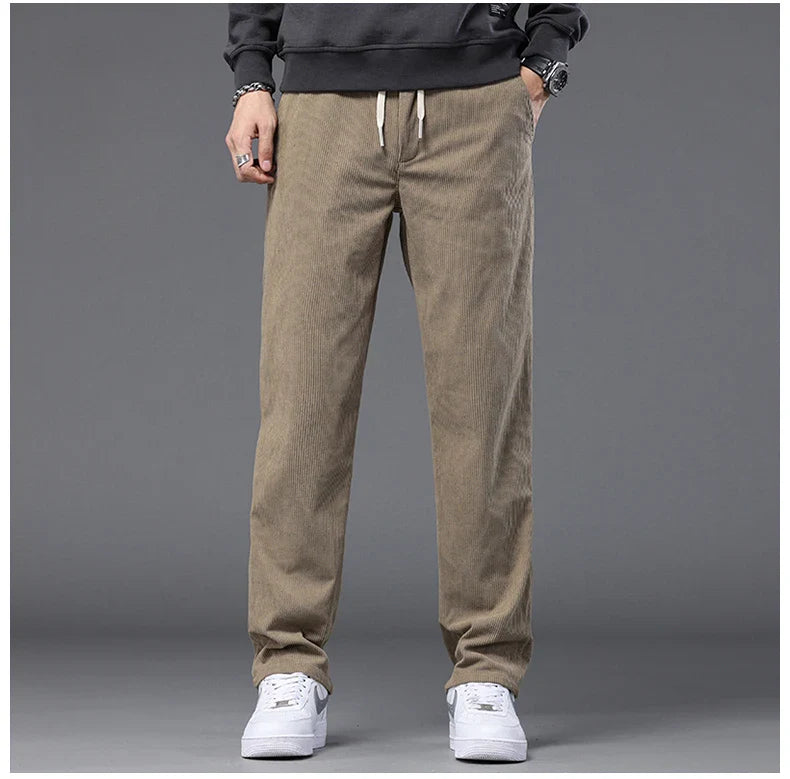 Straight Corduroy Classic Male Pants Khaki Black Gray Baggy Fashion Elastic Waist Trousers Soft Stretchy Casual Men's Clothing
