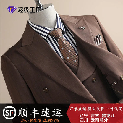 Man Outfit Turn Down Collar Long Sleeve Blazer Men Turn Down Collar Vest Straight-leg Pant Male Striped Slim 3-piece Suit Set