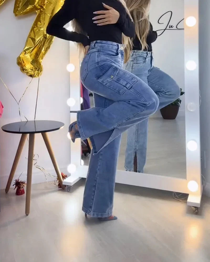Side split cargo jeans High Quality Elastic Women's Flared Jeans With Waistband Tight Pants Fashion Women Clothing High Street