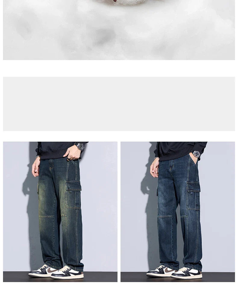 Men's 97% Cotton Straight Cargo Jeans Trendy Multi-pocket Nostalgic Loose Trousers Man American Vintage Fashion Denim Pants