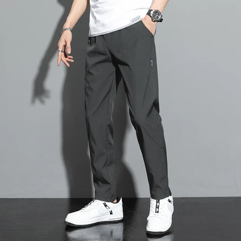 2024 new Men's Ice Silk Trousers Solid Color Mid-Waist Loose Breathable Straight-Leg Casual Pants Thin Quick-Drying Sports Pants