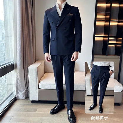 (Jackets+Pants) Luxury Double Breasted Design Slim Fit Suit High Quality Fashion Men's Wedding Social Suit Tuxedo 2 Piece Set