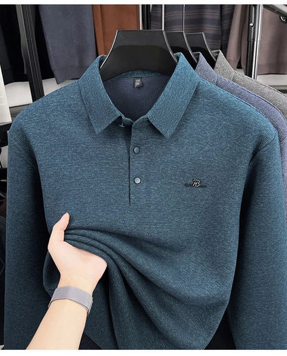 Fashion brand men's long sleeve polo shirt soft plush warm comfort new letter embossed solid color business casual lapel T-shirt