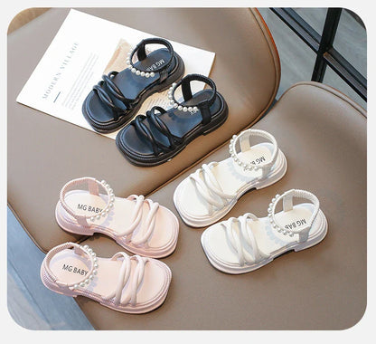 Girl Sandals Summer Children Princess Causal Pearl Beach Shoes Fashion Open-toe Kids Flat Sandals Solid Color Versatile Slip-on
