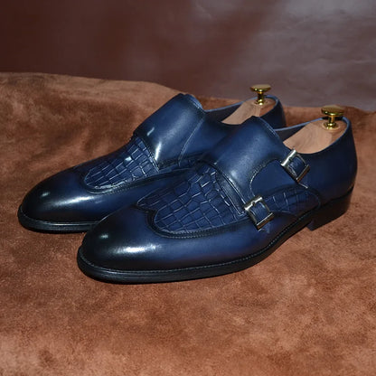 Classic Men's Genuine Leather Dress Shoes Double Buckle Monk Strap Wingtip Crocodile Print Business Office Formal Footwear Man