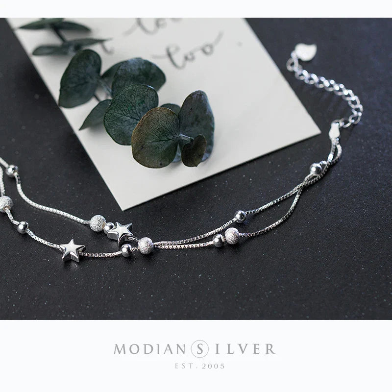 New 925 Sterling Silver Beads Ball Stars Double Layer Bracelet For Women Charm Bracelet Engagement Original Fine Jewelry