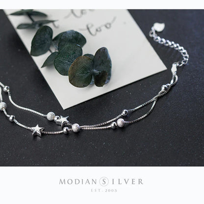 New 925 Sterling Silver Beads Ball Stars Double Layer Bracelet For Women Charm Bracelet Engagement Original Fine Jewelry