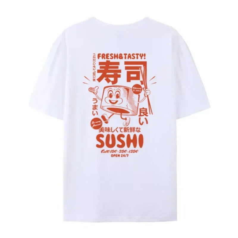 Retro Sushi Back Print Japanese Food T-Shirts Women Cute Funny Graphic Tees Oversized Streetwear Clothes Unisex Fashion Top Gift