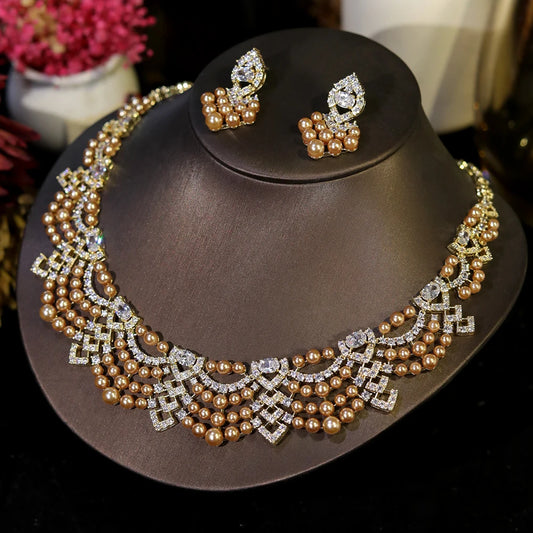 Luxury Crystal Zircon Circular Shape golden Pearl Necklace Women Dubai Bridal Wedding Birthday Party Indian Jewelry Set Gift
