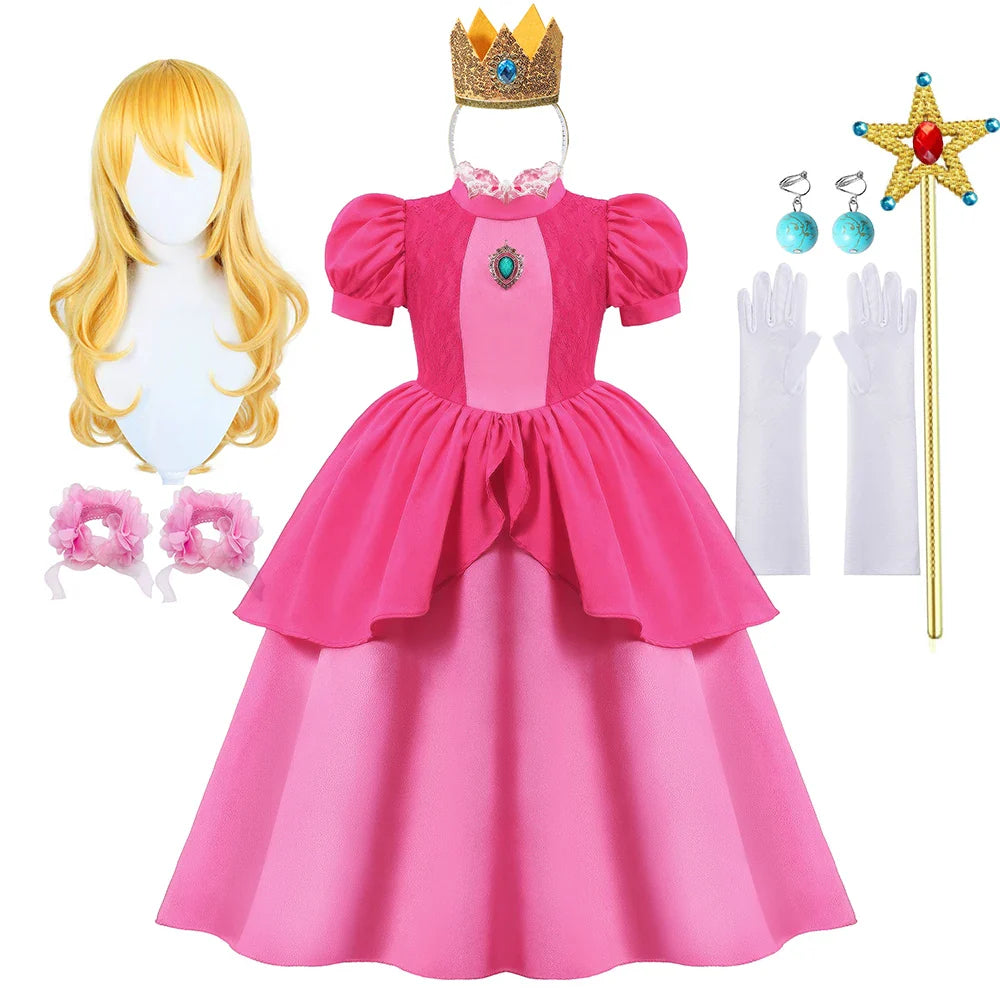 Peach Cosplay Dress Girl Movie Role Playing Princess Fancy Carnival Birthday Party Outfits Children 2-10y Pink Queen Vestidos