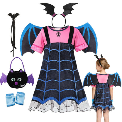 Girls Junior Vampirina TV Series Inspired Dress with Wings Little Vampire Kids Cosplay Costume Play Bat Design Halloween Apparel